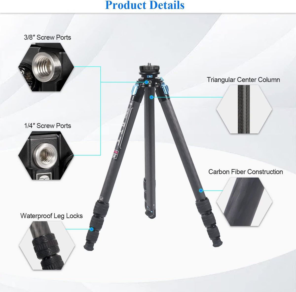 SIRUI Waterdicht koolstofvezelstatief, 175 cm, professioneel heavy duty camerastatief met driehoekige middenzuil, grote buis voor DSLR, camcorder, belasting 15 kg (ST-224)