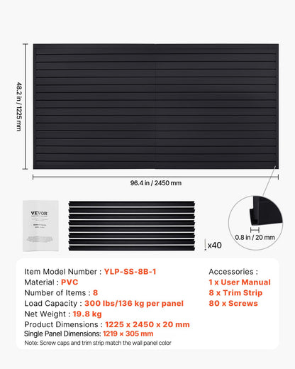 VEVOR Gereedschapswand, 1225 x 2450 x 20 mm, pvc-garagelamellenwand, zwarte wandorganizer, 136 kg per plaat, lamellenwandpaneel met koppelingsstructuur en doe-het-zelfgesneden, geschikt voor opslag en