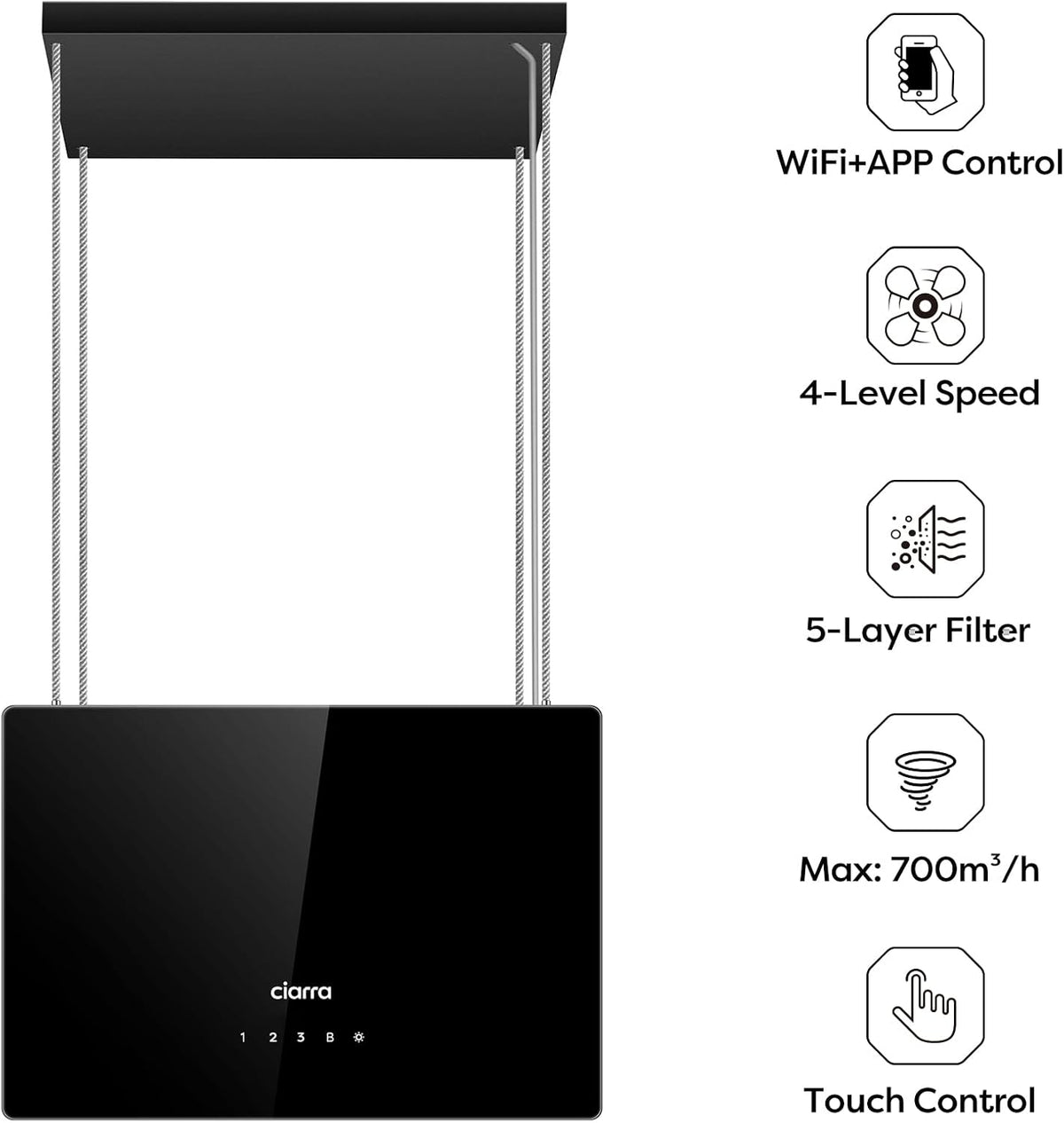 CIARRA CBCB4850 A+++ eilandafzuigkap recirculatie vrijhangend afzuigkap 48 cm 700 m³/u met slimme Wi-Fi app 4 snelheden boostfunctie glazen front inclusief actiefkoolfilter CBCF003 zwart
