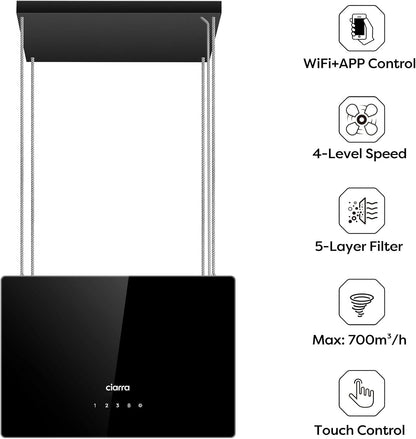 CIARRA CBCB4850 A+++ eilandafzuigkap recirculatie vrijhangend afzuigkap 48 cm 700 m³/u met slimme Wi-Fi app 4 snelheden boostfunctie glazen front inclusief actiefkoolfilter CBCF003 zwart