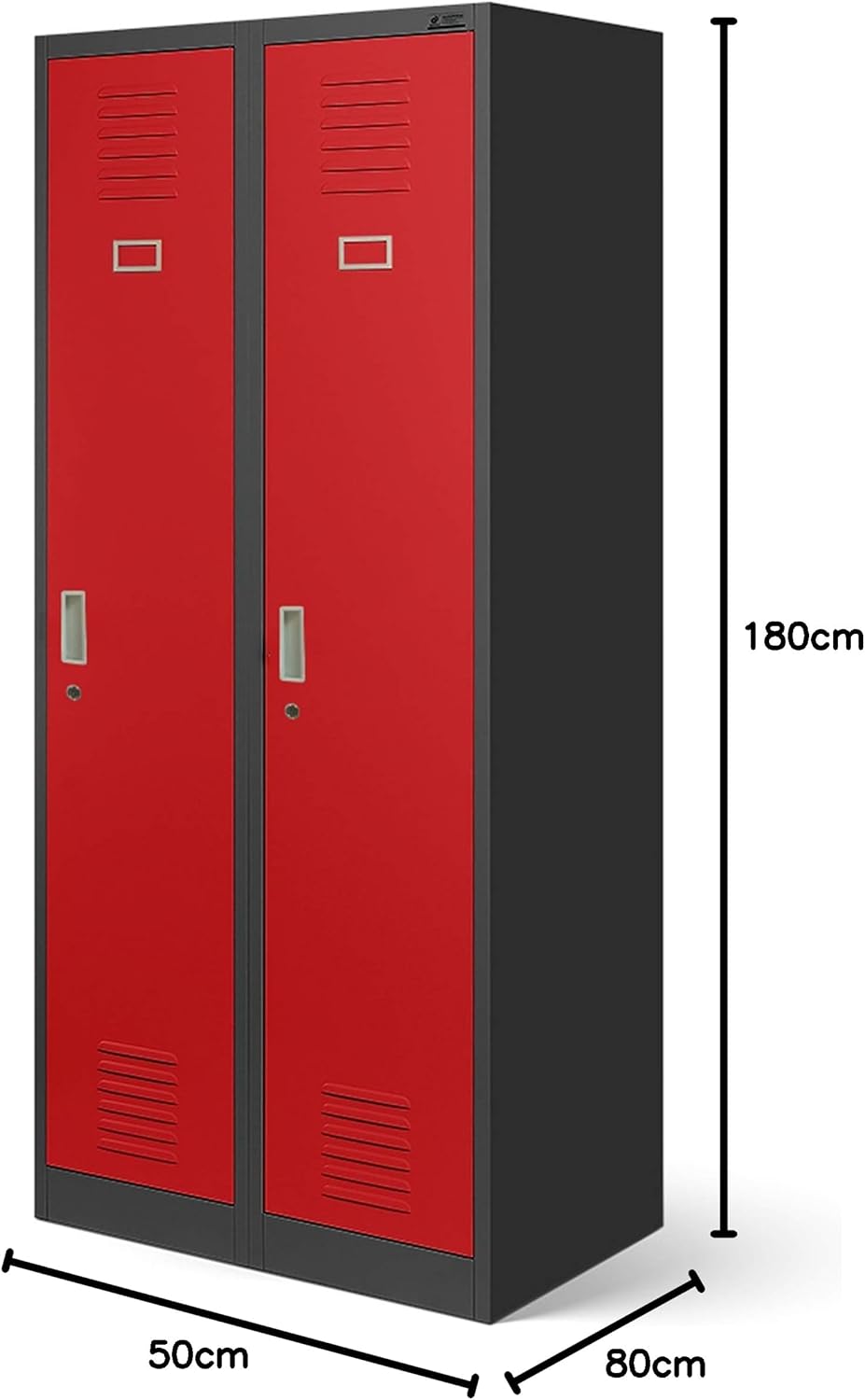 Stalen Kast Garderobekast Dubbele kast 2 compartimenten Etikethouder Scheidingswand Ventilatiesleuven Poedercoating 180 cm x 80 cm x 50 cm (Antraciet-Rood)