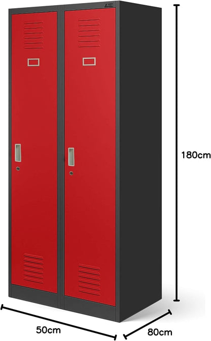 Stalen Kast Garderobekast Dubbele kast 2 compartimenten Etikethouder Scheidingswand Ventilatiesleuven Poedercoating 180 cm x 80 cm x 50 cm (Antraciet-Rood)