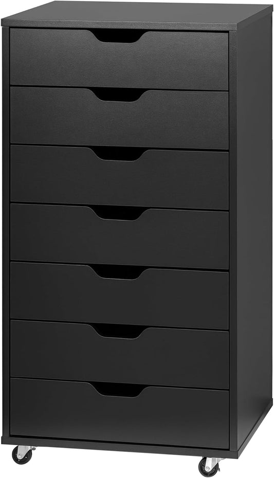 Bureaula – Ladeblok – Opbergkast – Rolcontainer – Mobiele Kast – 7 Laden – Wieltjes Met Remmen – Zwart 47,5x39,5x90 cm – Stevig Spaanplaat