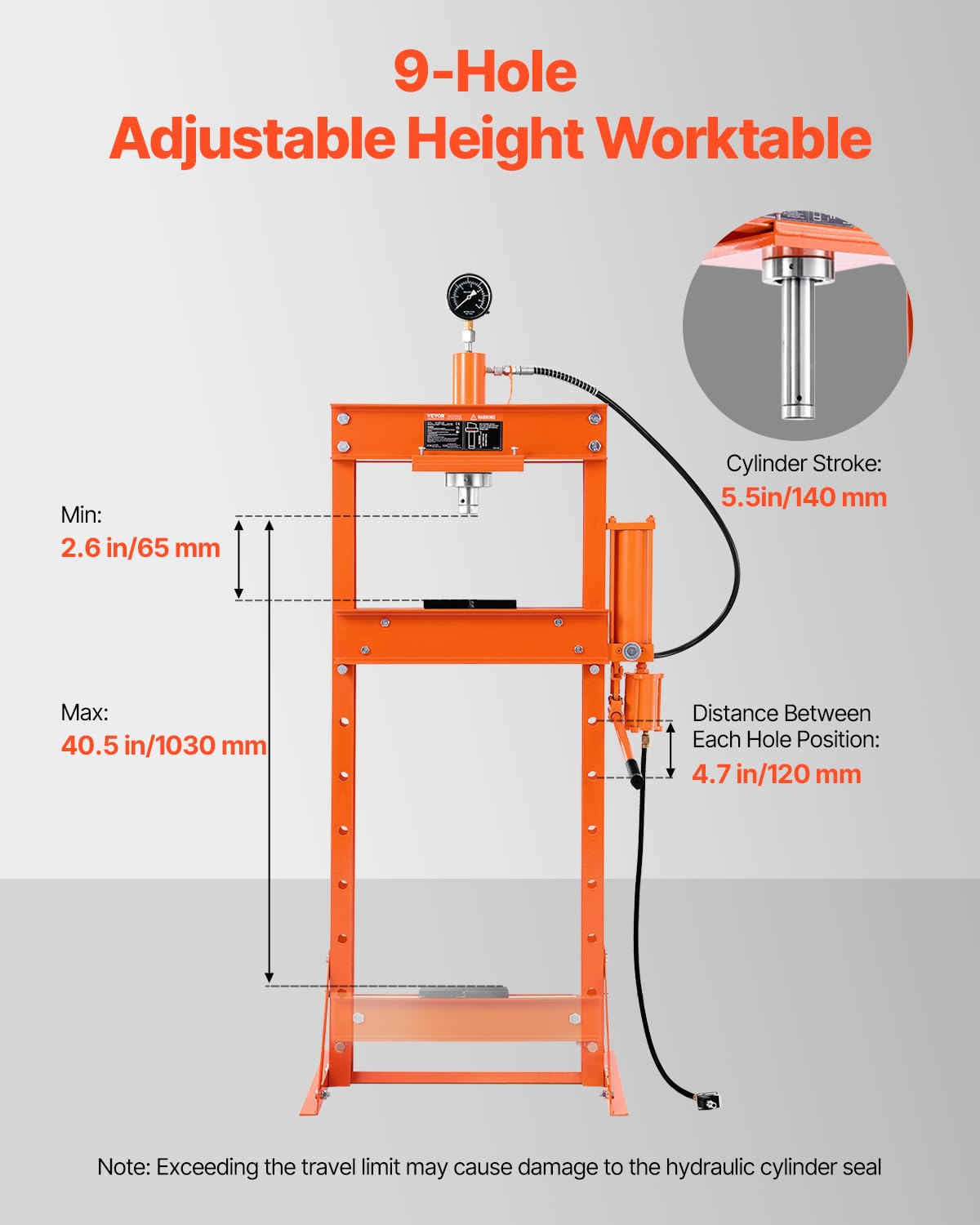 VEVOR Manual workshop press, workshop press with H-frame 20 T with pressure plate 0.8-1.2 MPa, adjustable hydraulic press for garage floors to bend