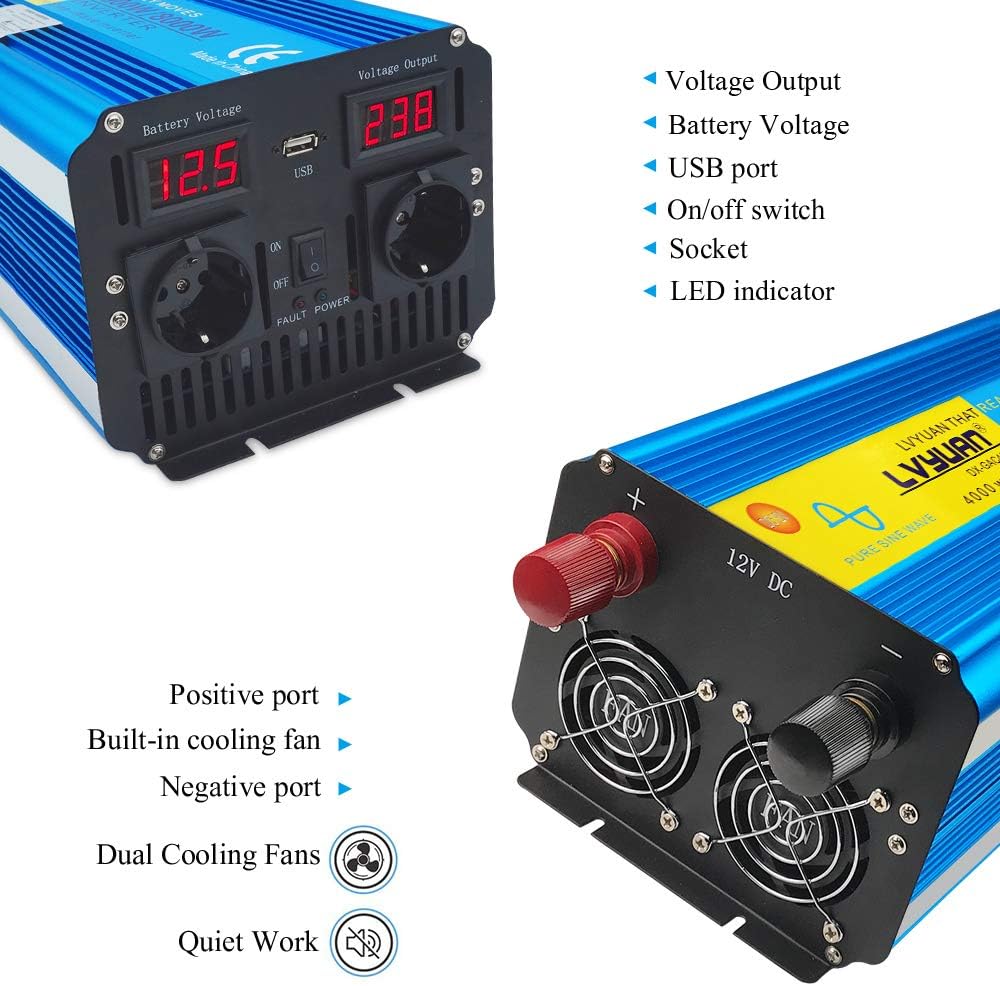 Spanningsomvormer 4000W 12V 230V zuivere sinus omvormer afstandsbediening 2 LED Power Inverter 2 stopcontacten en USB / 8000 W stootkracht