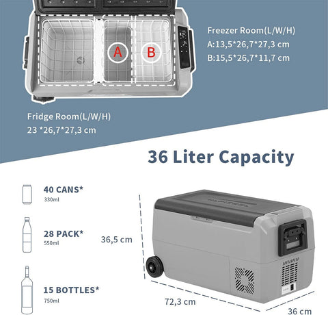 Mini koelkast - Auto koelkast - Draagbare Compressor Koelbox - Elektrische Vriesbox - voor Camping - Auto - Vrachtwagen - Boot - met Wielen - USB-aansluiting - 36L - 12/24V & 230 V - 36 x 72.3 x 45.5 cm - Grijs