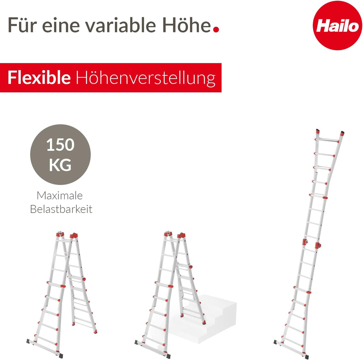 Hailo M80 Multifunctionele aluminium ladder, 4 x 5 sporten, belastbaar tot 150 kg, veiligheidsgewrichten en vergrendelingen, in hoogte verstelbaar, multifunctionele ladder, roestvrij staal, zilver