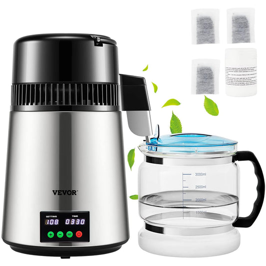 VEVOR Water Distillator, Tube Volume 4 L, 750 W, Water Distillator, 1 L/h, with Silver Glass Container for Kitchen, Office, Lab, Hospital, Dental Clinics, etc.