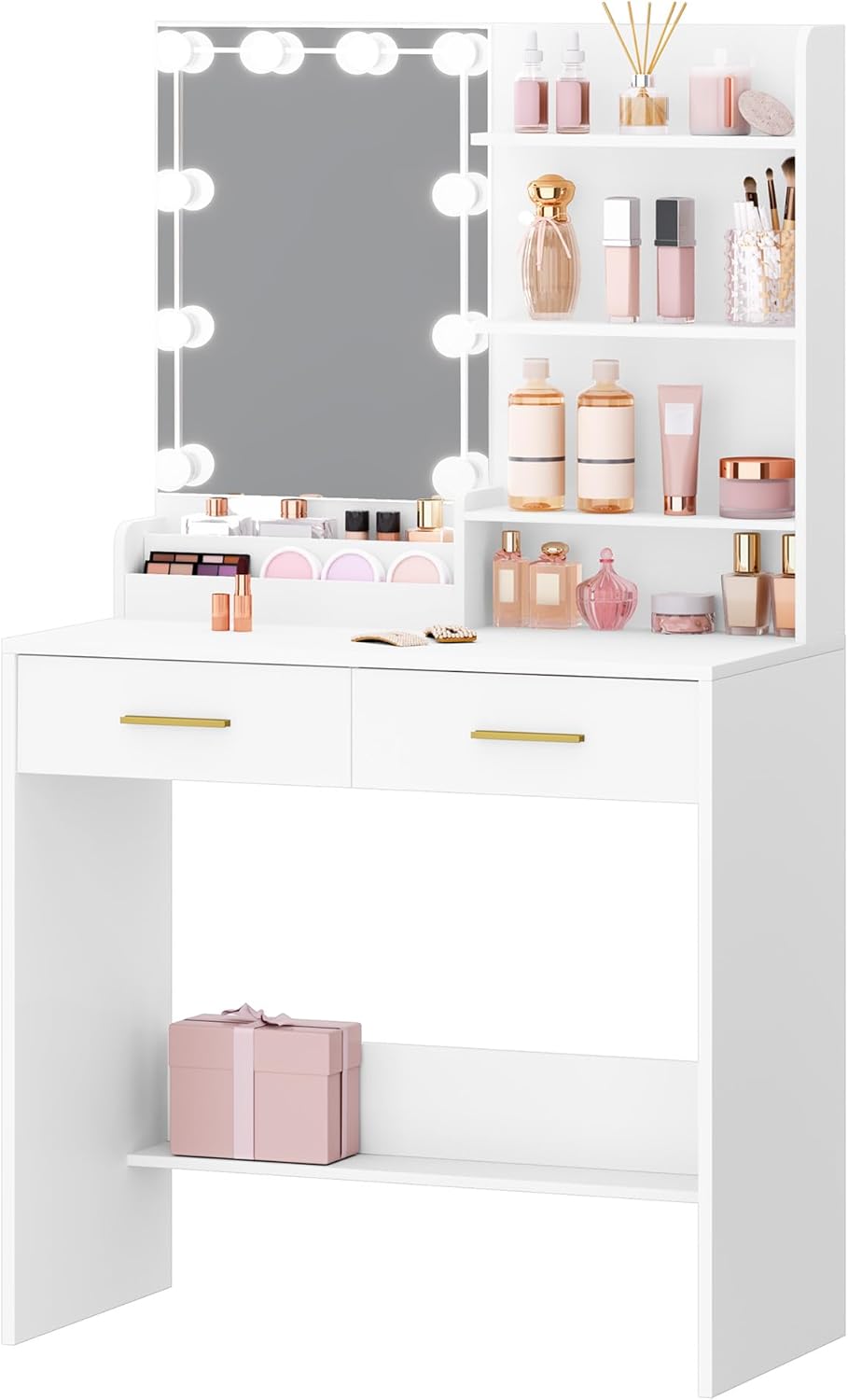 Hzuaneri Dressing Table with Mirror and 10 LED Lighting, Makeup Table with 4 Open Storage Shelves and 2 Compartments, Dressing Table with 2 Drawers, for Bedroom, Living Room, White DT39203XV1