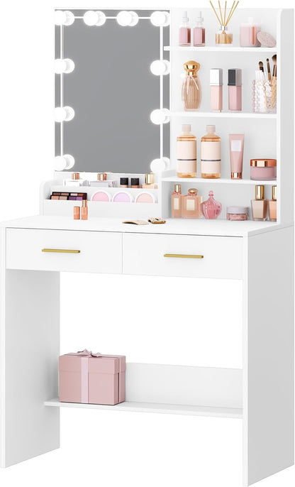 Hzuaneri Dressing Table with Mirror and 10 LED Lighting, Makeup Table with 4 Open Storage Shelves and 2 Compartments, Dressing Table with 2 Drawers, for Bedroom, Living Room, White DT39203XV1