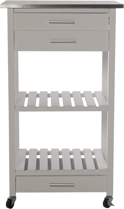 DRW keukentrolley met 3 laden en houten plank: grenen en MDF met deksel van roestvrij staal in wit 50 x 40 x 86 cm