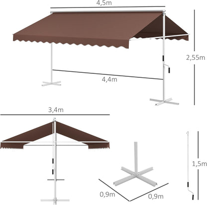 Vrijstaande Luifel – Staande Zonwering – Tuinluifel – Balkonluifel – Overkapping – Verstelbare Dakhoek – Waterafstotend PU-Polyester – 450x340x255 cm – Koffiekleur