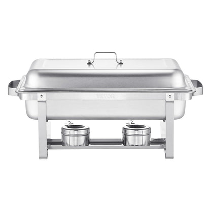 VEVOR Warmhoudplaat van roestvrij staal met 6 pannen in volledige grootte (7,5 l), rechthoekig, voor catering, met deksel en houder voor waterschaal en brandstoftank, zilver