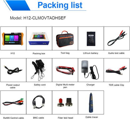 8K IP Camera Tester Multifunctionele CCTV Tester 8 inch scherm 8K H.265 8MP TVI/CVI/AHD/SDI/CVBS Kabel Tester DMM TDR VFL Ondersteuning 55V POE++, SFP poort HDMI & VGA (Model: H12CLMOVTADHSEF)