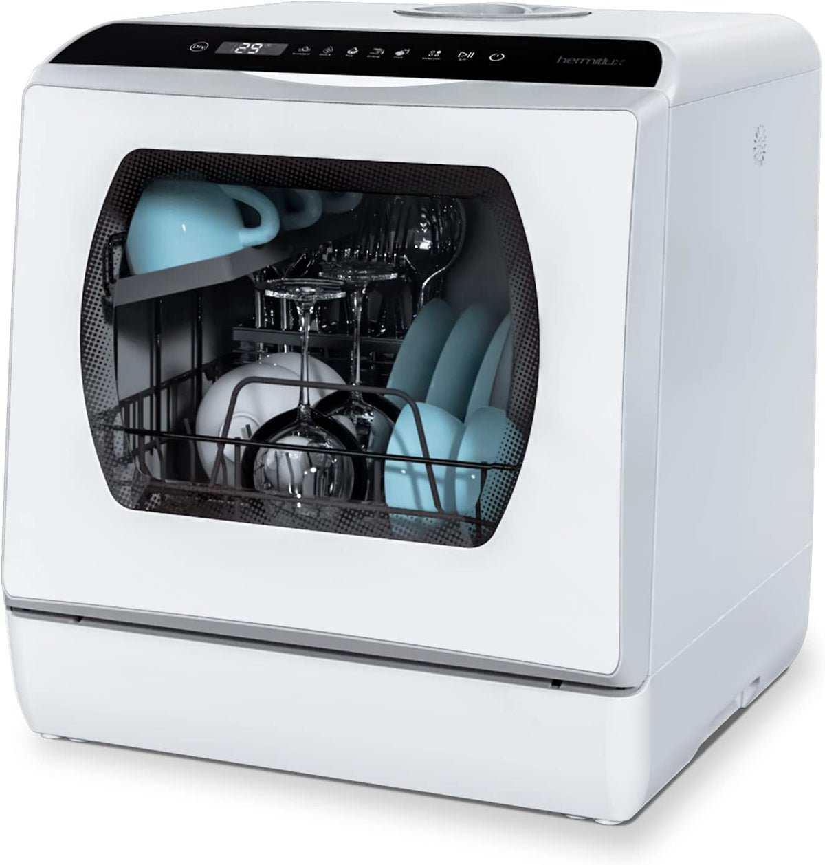 Mini Dishwasher, Table Dishwasher, Use with and without Water Connection, 43 cm Wide, Space for 4 Place Settings, for Camping Use 175 kWh/Year, White - QUORE