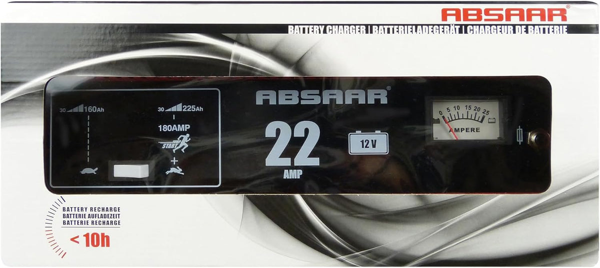 Absaar 635622 77917 Batterieladegerät Auto Ladegerät 22A 12V mit Starthilfefunktion, für 30 Ah - 225 Ah Batterien, rot/schwarz, 2222500