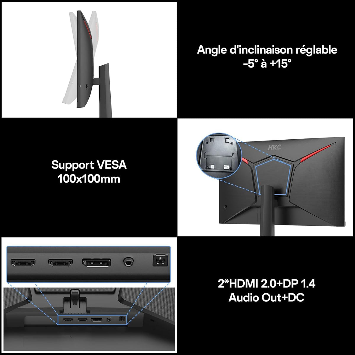 HKC 24 inch gamingmonitor, Full HD (1920 × 1080), 240 Hz Fast IPS, 1 ms, HDR400, 90% DCI-P3, tot 260 Hz overklokt, VESA 100 × 100, blauw lichtfilter, HDMI 2.0 & DisplayPort 1.4
