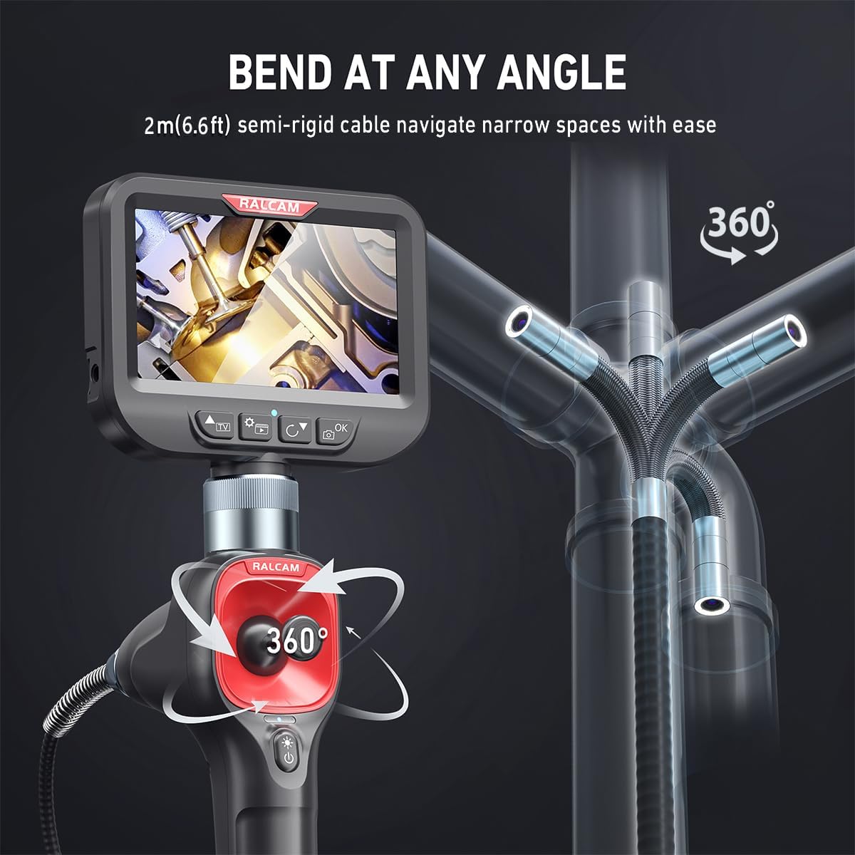 Ralcam Endoscoopcamera, 6,2 mm, 360° endoscoop, 4,3 inch draaibaar, HD 720P inspectiecamera met lichte buis, 6 led-camera's, IP67 waterdicht, halfstijve kabel, 2 m
