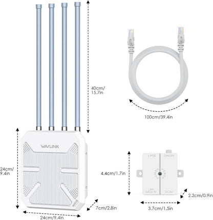 WiFi 6 Mesh Versterker Buiten Lange Afstand AX3000, WN573HX3 Gigabit Outdoor PoE Toegangspunt/Draadloze WLAN Repeater/Internet Booster Signaalversterker (4x8 dBi Antennes, Weerbestendig IP67, WPA3)