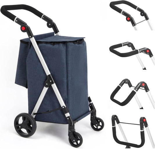 Boodschappentrolley, 4 wielen aluminium winkelwagentje, 46L opvouwbare boodschappentrolley met geïsoleerde koeltas (blauw)