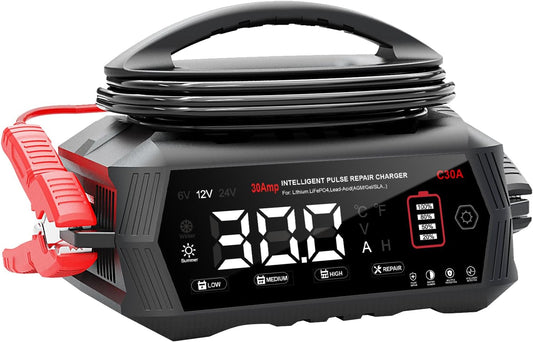30 A Autoacculader – Batterijlader – Oplader – Acculader – Acculader Voor Auto – 6 V/12 V/24 V – Automatisch 9-Traps Laadproces – LCD-Display Met Veiligheidsbescherming