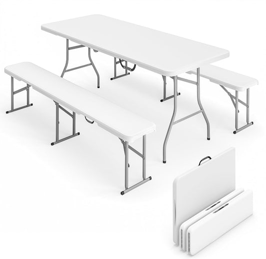 Outsunny Bierzeltgarnitur Klappbar 3-teiliges Set Campingtisch, 2 Bierbank mit Tragegriff, Festzeltgarnitur Biertischgarnitur für Balcony, Garten, Partyzelt 180 x 74 x 74 cm