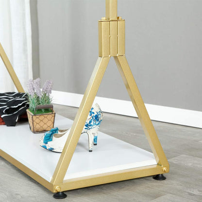Kledingrek – Garderoberek – Kledingstandaard – Hangrek – Vrijstaand Kledingrek Goudkleurig – Metalen Frame En Houten Plank – Met 4 Rubber Wielen En Verstelbare Antislipvoeten