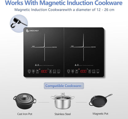AMZCHEF inductiekookplaat 2 platen, inductiekookplaat dubbel met onafhankelijke bediening, 20 temperatuurniveaus, verschillende vermogensniveaus, 3500W, timer van 3 uur, veiligheidsslot