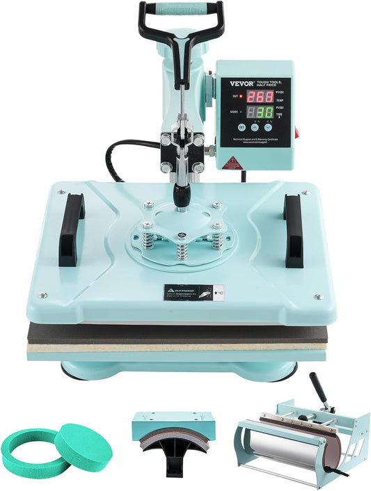 VEVOR Warmtepersmachine, 30,5 x 38 cm, 5-in-1 warmteoverdrachtmachine met 30 oz tuimelpers, 360° zwenkbaar T-shirt persen, digitale nauwkeurige controle, voor T-shirts, mokken/hoeden/borden, groen