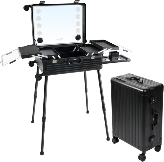 EBANKU Professionele Make-upkoffer, PC Rolling Makeup Travel Case Trolley Cosmetic Case met Verlichte Spiegel en Bluetooth, Cosmetic Case Hairdressing Trolley, 4 Weergaveknoppen(Zwart)