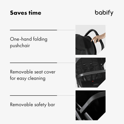 Babify Urban Ease Kinderwagen - Geboorte tot 4 jaar (22 kg), Met één hand in te klappen, Verstelbare rugleuning & voetensteun, Uitneembare bekleding, Kap met venster, Compact, Zwart