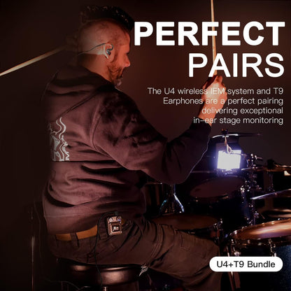 Draadloos in-ear monitor-systeem met in-ear oortjes – In-ear monitorset – Draadloze monitorset – IEM-systeem – Monitoroortjes – Tot 100 meter draadloos bereik – Dubbele drivers per oortje