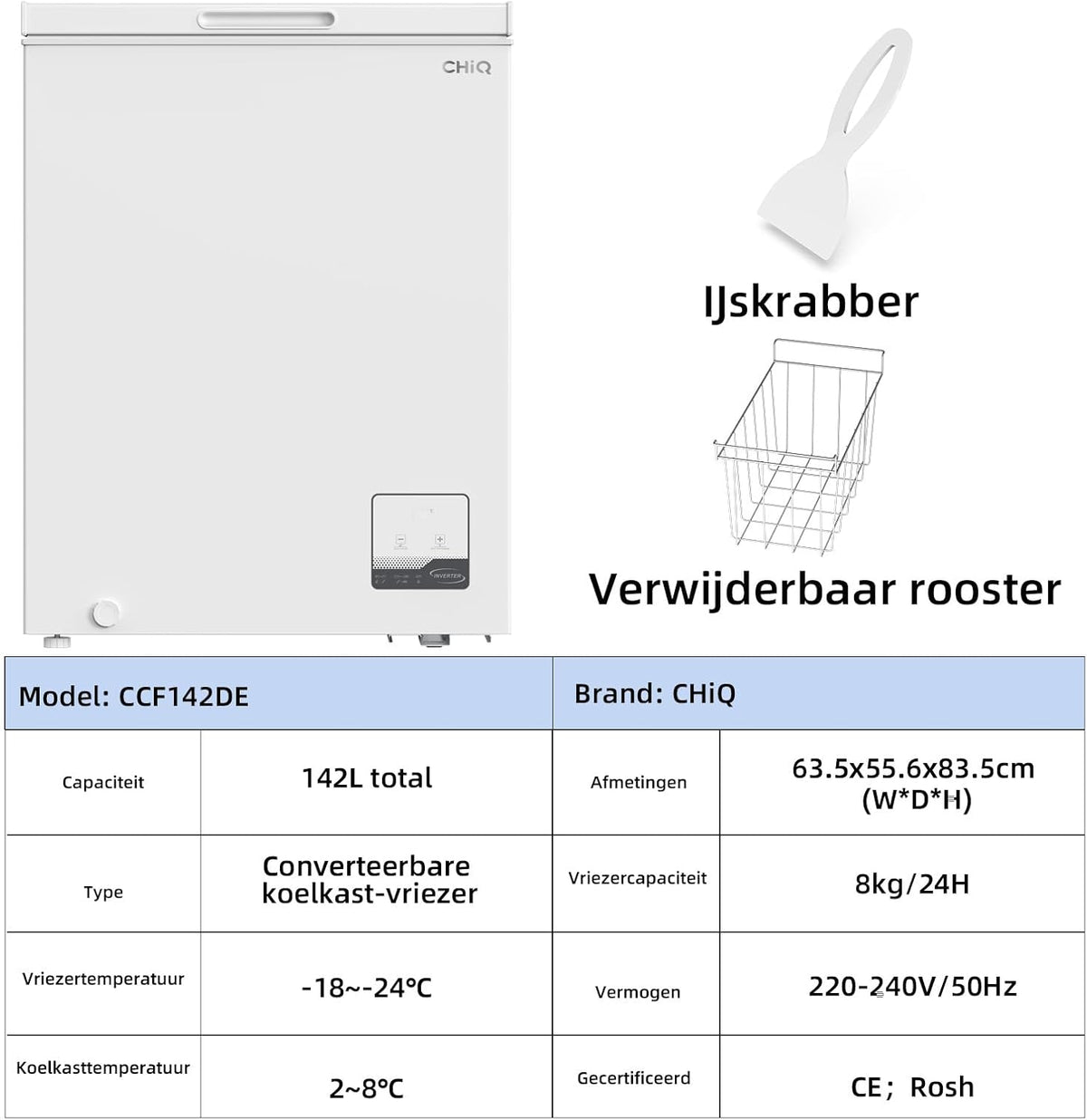 CHiQ FCF142DE, Vrieskist, 142 L, Inverter Technologie, Digitaal LED Display, Snelvriezen tot -32℃, Wit, 39 dB, 12 Jaar Garantie op Compressor