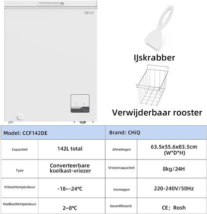 CHiQ FCF142DE, Vrieskist, 142 L, Inverter Technologie, Digitaal LED Display, Snelvriezen tot -32℃, Wit, 39 dB, 12 Jaar Garantie op Compressor