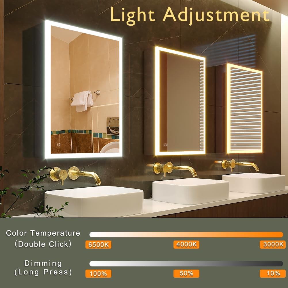 KWW LED Illuminated Bathroom Medicine Cabinet with Sockets and USBs, Dimmable, 3 Colors Light Makeup Mirror, Easy to Install, Wall Mounted Cabinet (Left Hinge - 20x28) - QUORE