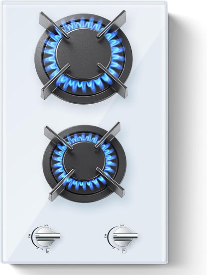Gaskookplaat – Gasfornuis – Kookplaat – 2 Pits Kooktoestel – Wit Glas – Automatische Vlambescherming – Geschikt Voor Aardgas En Propaangas