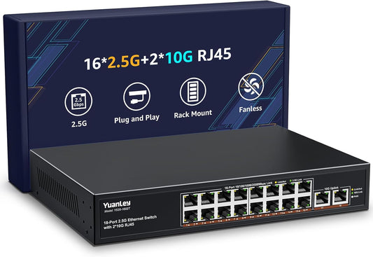 18 poorten 2.5G Umanaged Ethernet-switch, 16 x 2,5 G Base-T-poorten, 2 x 10G RJ45 10/100/1000M compatibel, metalen ventilatorloos, desktop/rekmontage, YuanLey 2.5Gbe netwerkswitch voor draadloze AP