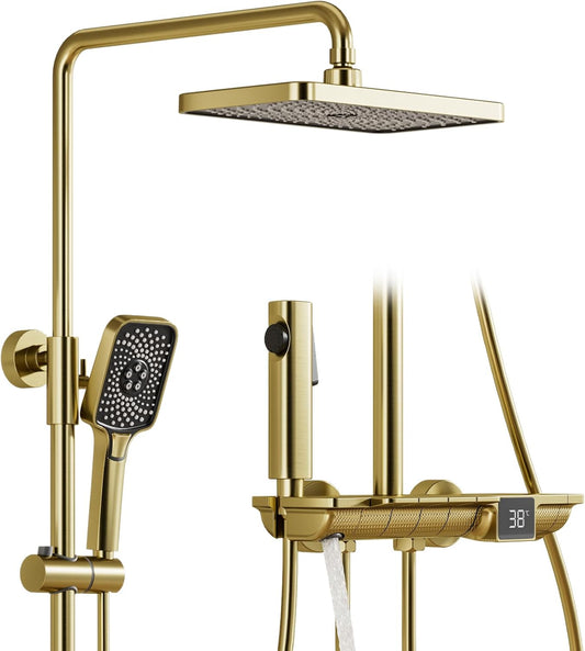 Douchekolom, douchesysteem geborsteld goud multifunctioneel met constante temperatuur, doucheset met sproeikop en handdouche, uitgerust met spuitpistool, onderste wateruitlaat en digitaal display