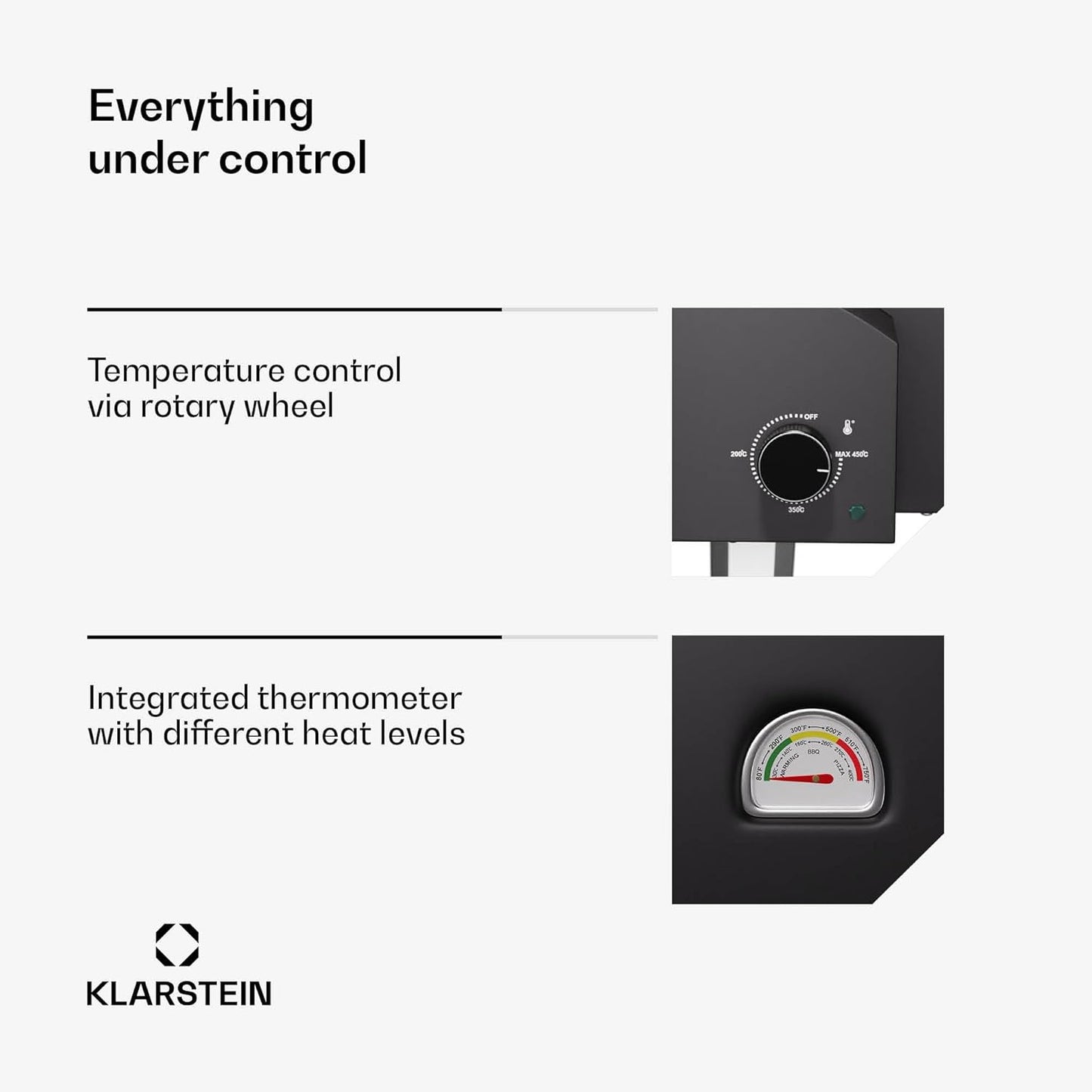 Klarstein Pizzaoven van 30,5 cm voor binnen en buiten, dubbel verwarmingselement boven en onder, 2200 W vermogen, bereikt 500 °C, met ingebouwde thermometer en temperatuurregeling, ultiem pizzagenot