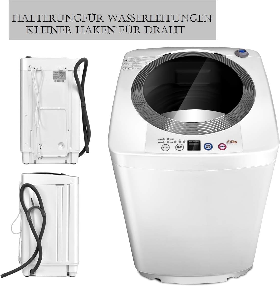 FANTASK Volautomatische wasmachine, 3,5 kg, miniwasmachine met centrifuge, 6 programma's, 240 W bovenlader, volautomatische wasmachine met pomp, voor appartement, camper en camping - QUORE