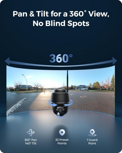 Beveiligingscamera - Zonnebeveiligingscamera - Camerabewaking - 360° - 140° Pan - Tilt Camera - Oplaadbare Batterij - met Spotlight - Nachtzicht in Kleur - AI-detectie - Zonnepaneel - Zwart