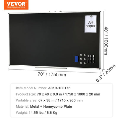 VEVOR Zwart bord, 177,8 x 101,6 cm groot schoolbord met aluminium frame, zwarte planken droog wissen inclusief 1 magnetische wis- en 3 droogwismarkeringen, zwart oppervlak, voor kantoor, thuis en op