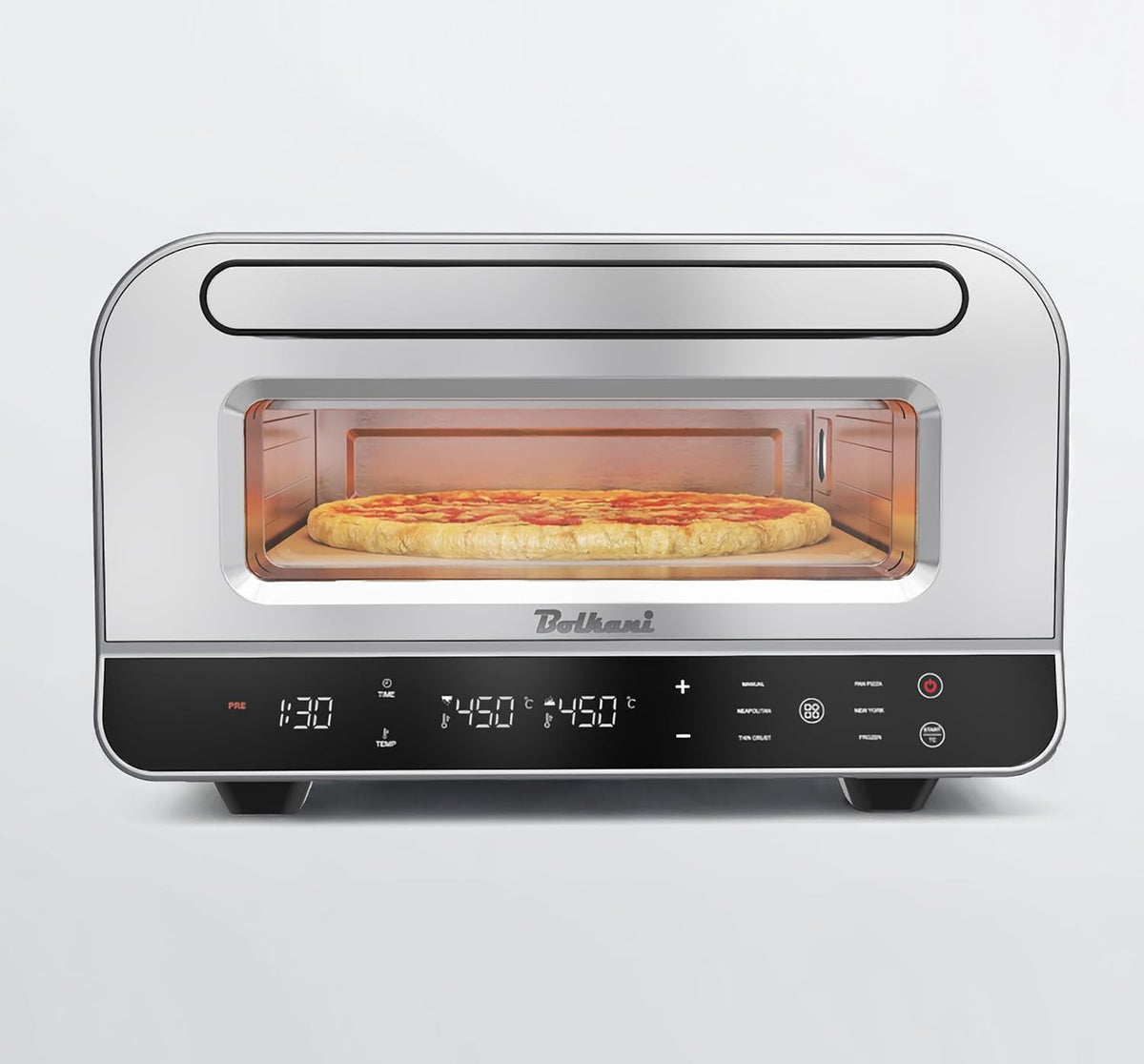 Elektrische pizzaoven met pizzasteen en pizzaschep – 450 °C voor knapperige steenovenpizza in 2 minuten – 1700 W, timer, binnenverlichting en kijkvenster – professionele pizzamaker. (GRIJS)