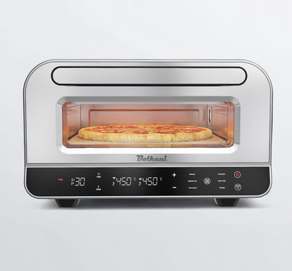 Elektrische pizzaoven met pizzasteen en pizzaschep – 450 °C voor knapperige steenovenpizza in 2 minuten – 1700 W, timer, binnenverlichting en kijkvenster – professionele pizzamaker. (GRIJS)