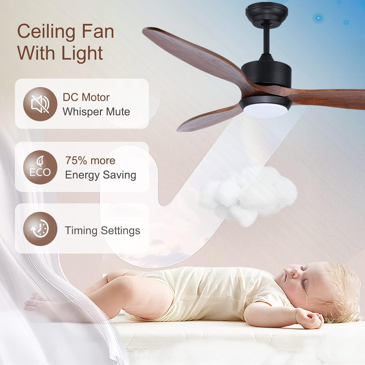 Ovlaim 132cm walnoot houten plafondventilatoren met afstandsbediening verlichting, 3-bladige propeller slimme plafondventilator voor binnen buiten, hoge luchtstroom stille DC-motor