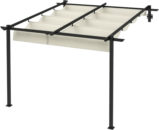 Outsunny Pavilion ca 3 x 3 m - Windproof Pergola Patio Canopy, Wall-mounted Terrace Roof, Adjustable Roof, for Garden, Terrace, Cream - QUORE