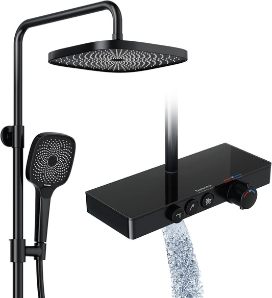 Douche Systeem – Thermostaat Douche Set – Regendouche – Handdouche – Douchekraan – Glazen Plank – Mat Zwart – In Hoogte Verstelbaar – Watervaluitloop