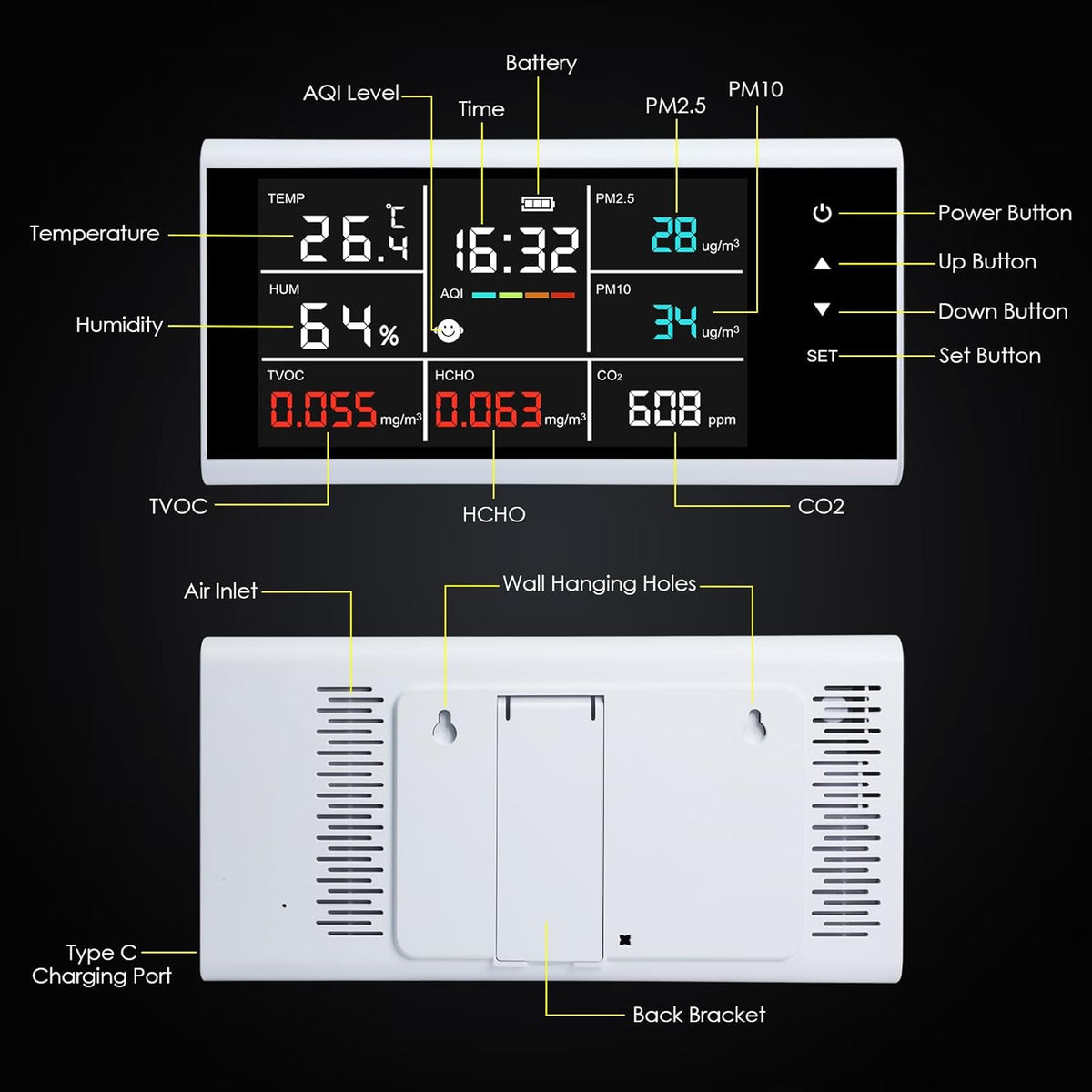 9-in-1 slimme luchtkwaliteitsmonitor, CO2, PM2.5, PM10, HCHO, TVOC, temperatuur, vochtdetector, touchscreen-display, luchtkwaliteitstester, real-time monitor, luchtvervuilingssensor, oplaadbaar