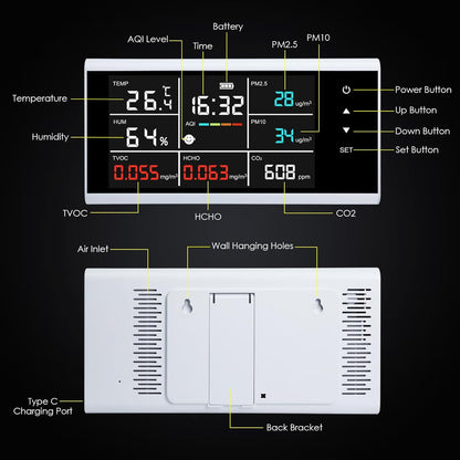 9-in-1 slimme luchtkwaliteitsmonitor, CO2, PM2.5, PM10, HCHO, TVOC, temperatuur, vochtdetector, touchscreen-display, luchtkwaliteitstester, real-time monitor, luchtvervuilingssensor, oplaadbaar
