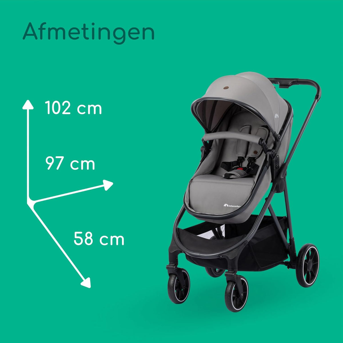Bebeconfort Breeze Trio, 3 in 1 Kinderwagen Set met Autostoeltje, 0-22 kg (0-4 jaar), Omkeerbaar & Lichtgewicht Combi Wandelwagen, i-Size Autostoeltje, Compact Inklapbaar, Ruime Mand, Mineral Grey